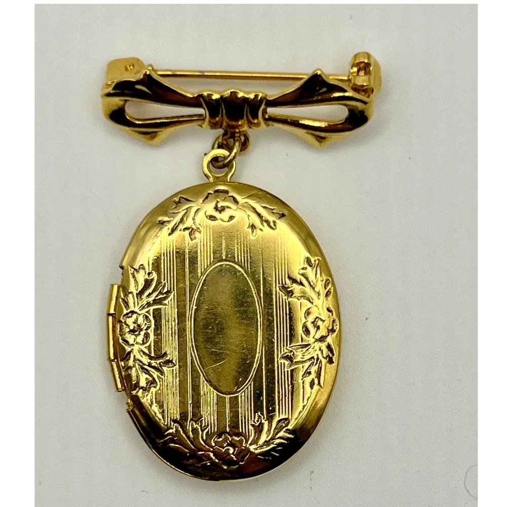 Unbranded Locket Brooch Pin Womens OS Gold Excellent Floral Bow Etched Dangle